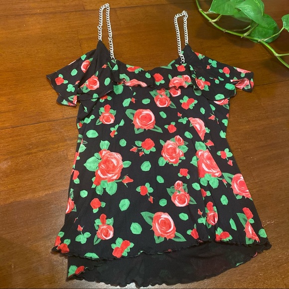 Black floral top with silver chain straps size XL - Picture 4 of 6